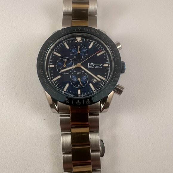 Daniel Steiger Chronograph Watch Blue Dial Two-Tone Bracelet Tachymeter Date - Picture 5 of 6
